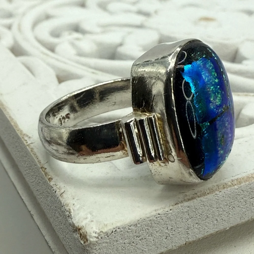 Sterling Silver Multicolor Blue Dichroic Glass Statement Ring Size 10 – 10.6g